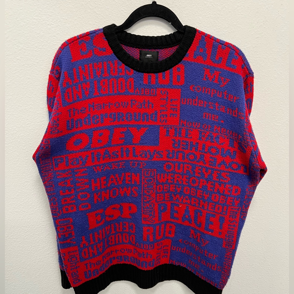Obey Graphic Knit Sweater Red Blue All Over Print Streetwear Size S